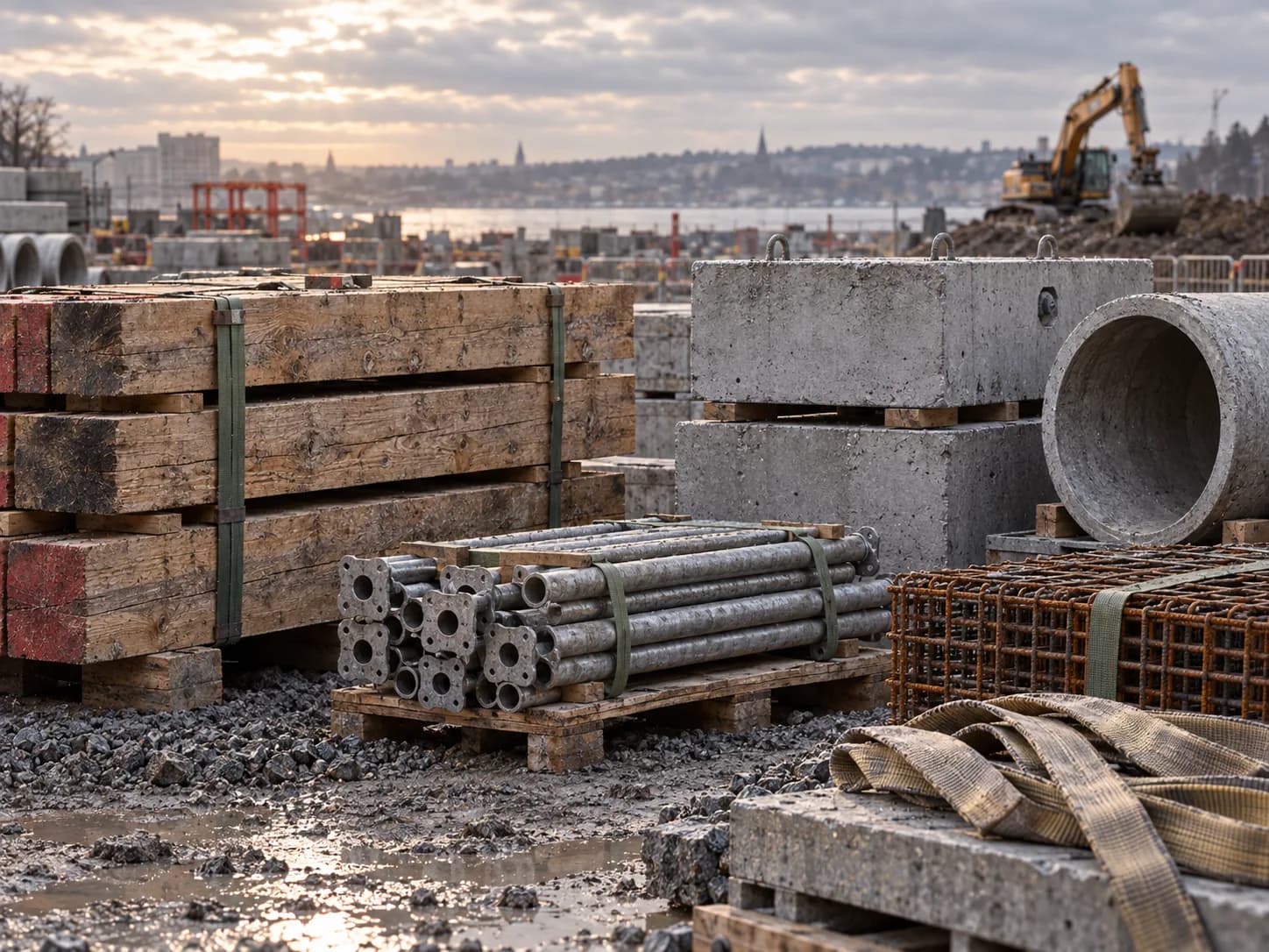 Betonelementer og brøndringe stablet på en byggeplads